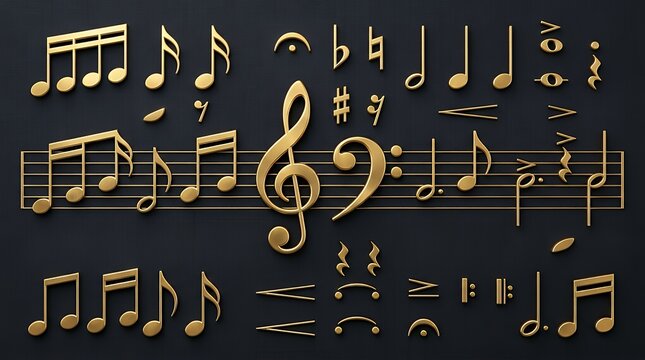 Collection of Elegant Golden Musical Notes and Harmonious Notation Symbolsof Luxury Gold Music Elements for Composers and Musicians Isolated on Dark Background music note symbol golden