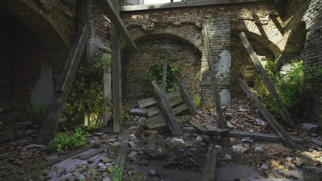Sunlit ruin corridor with leaning beams and scattered stone, patches of ivy climbing walls, warm golden highlights and cool shadow pockets, quiet atmosphere