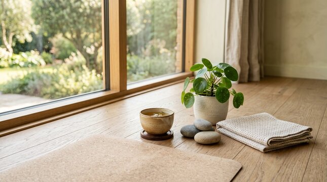 wooden floor large window garden view potted plant pilea plant ceramic pot tea cup saucer tea ceremony zen aesthetic relaxation space meditation corner yoga mat cork mat