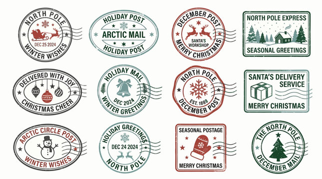 Vintage style holiday postmarks with festive messages with postmark style