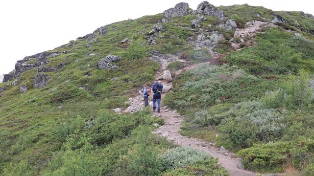 Beautiful european family with children and pet dog hiking Knutshoe summit with blue lake in mountain landscape in Jotunheimen National Park in Norway, mountains of Besseggen in background, cloudy sky