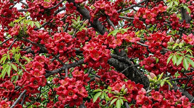 Blooming Crimson Silk Cotton Tree Floral Backdrop. Vibrant crimson silk cotton tree blossoms clustered on branches during springtime seasonal flowering period  bombax ceiba red kapok tree