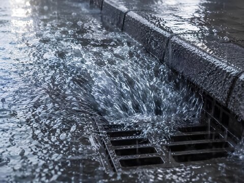 豪雨で大量の雨水が流れ込む排水溝