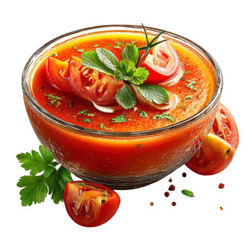 Fresh, vibrant tomato soup garnished with herbs, perfect for a healthy meal or appetizer.