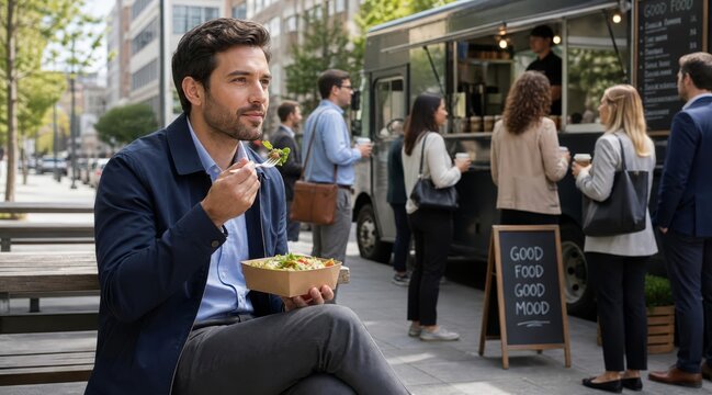 Man eating salad on urban park bench during lunch break