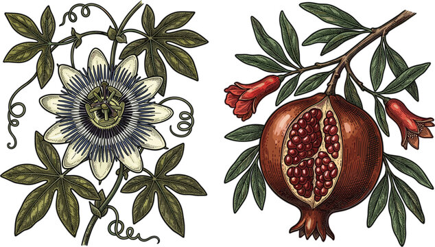 Vintage Botanical Vector Illustration Set Featuring Passion Flower Vine Leaves and Pomegranate Branch with Open Ripe Fruit Red Blossoms and Seeds