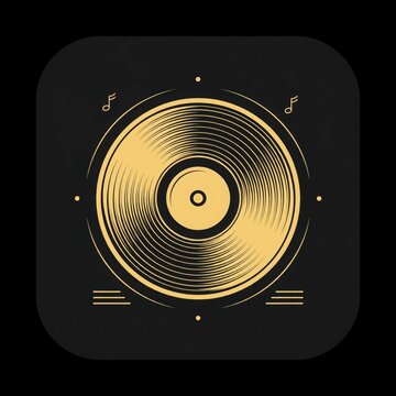 Golden Vinyl Record with Music Notes and Equalizer Bars on Black Square