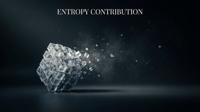 Conceptual illustration of entropy contribution showing a disintegrating glass cube structure