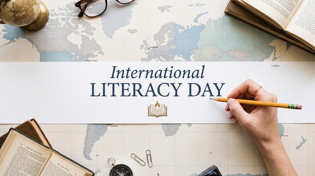 Hand uses a wooden pencil to write on a paper banner celebrating International Literacy Day across a world map.