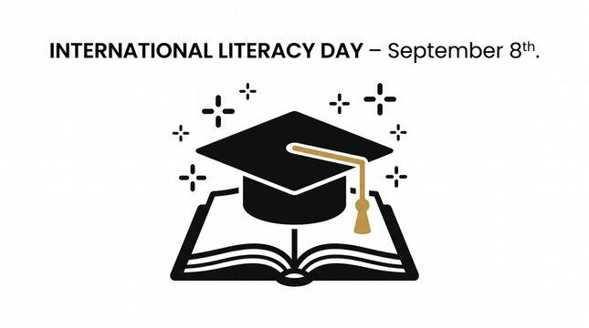 Graduation cap sits atop an open textbook to signify International Literacy Day on September 8th.