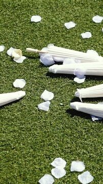 Stylish white vintage umbrellas provide shade from the hot, bright sun on a sunny summer day. Wedding ceremony for the bride and groom.