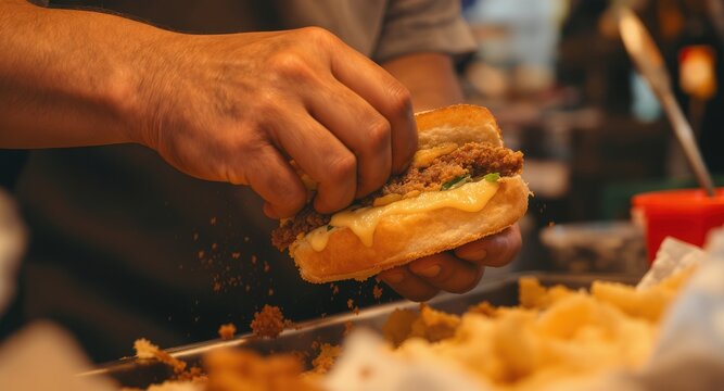 Street Food Craft: Vendor preparing a fresh milanesa sandwich with crispy ingredients 