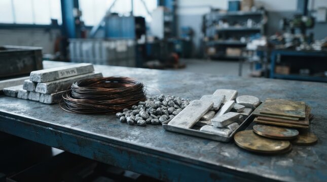Weakening metal commodity supply with tin bars, copper coils, nickel pellets, silver samples, and brass plates on cold steel