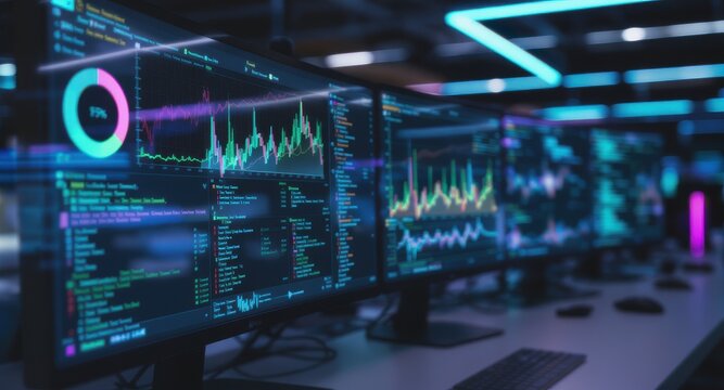 Algorithm Processing: Advanced data visualization showing machine learning algorithm activity across multiple displays 