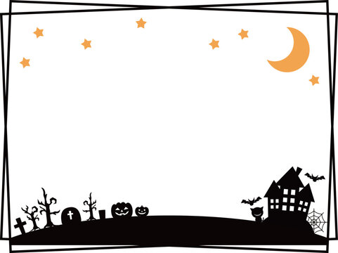 三日月とハロウィンの城が描かれた二重線フレーム