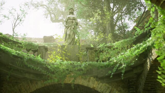 Closeup statue under green canopy, intricate stone features framed by ferns and ivy, soft sunlight filtering through leaves, cinematic feel for editorial