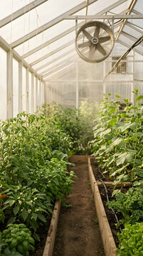 Industrial ventilation fan inside a modern greenhouse with lush green vegetable plants