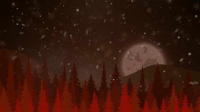 Dynamic falling snowflakes over a vector red winter landscape with empty sky space for custom titles and greetings.