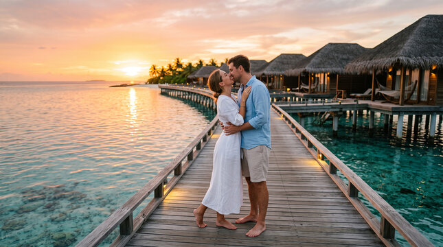 Romantic couple kissing on a wooden pier at a luxury Maldives resort during a stunning sunset, surrounded by overwater villas and ocean water.