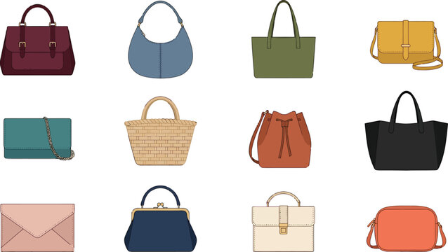 Collection of various women handbags and purses in flat vector illustration style on white background