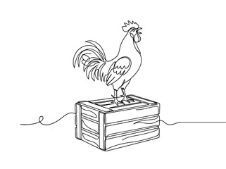 Fototapeta premium A single continuous line drawing of a rooster standing on a wooden crate with its beak open