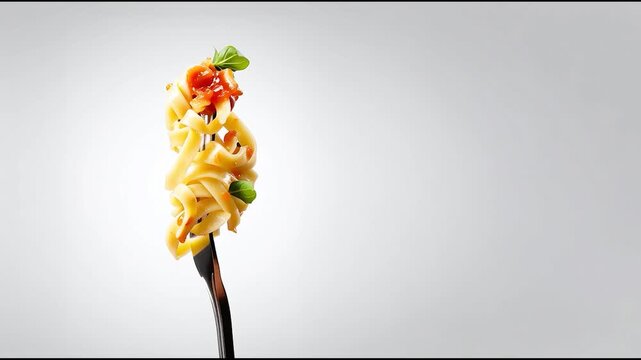 Creative food stack of vegetables and gourmet ingredients balanced on fork, minimal culinary art concept with clean background and modern presentation
