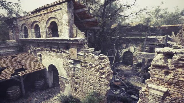 Sepiatinged ruins with arched alcoves and textured masonry, soft film grain and warm patina evoke nostalgia and archival mood for heritage study