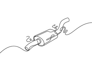 Obraz premium A single continuous line drawing of a car muffler emitting smoke against a white background