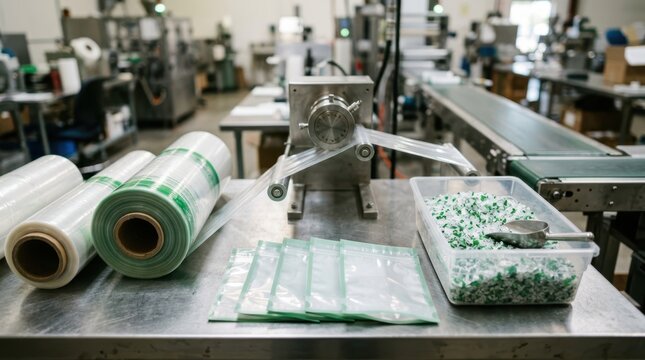 Mono material recyclable packaging concept with film rolls, an extrusion die, clear pouches, and sorted plastic flakes on a stainless workbench