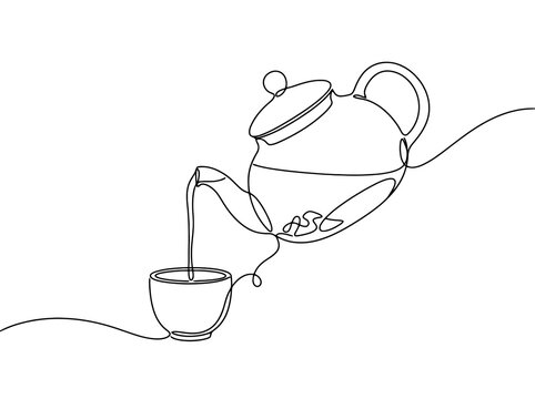 A single line drawing of a teapot pouring tea into a cup with minimalist style and tranquility