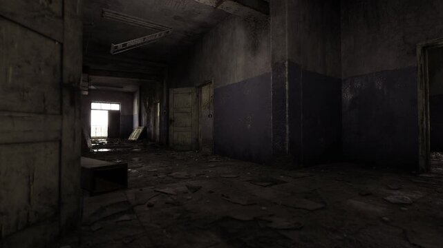 Wide interior with cracked concrete walls, worn paint line, scattered debris and deep shadows, useful for architectural decay studies and cinematic backgrounds