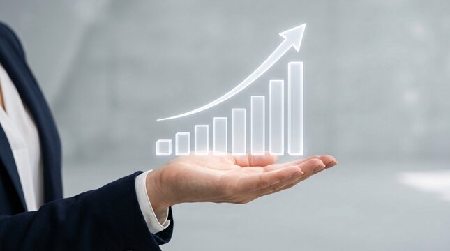 Open palm of a business woman supports a levitating glowing white translucent financial bar chart with an upward growth arrow. once more.