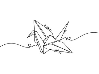 Fototapeta premium single line art origami crane bird flying while white background