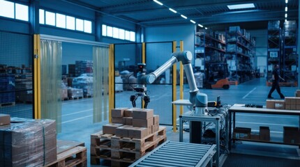 Fototapeta premium Robotics market access concept with cobot arm, lidar sensor, gripper, safety fence and warehouse pallets