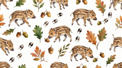 Obraz premium Rustic watercolor baby animal background. animal seamless pattern. Minimalist animal pattern. autumn woodland pattern. Cute piglet watercolor print. rustic baby pattern. Pastel forest wildlife patter