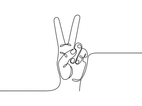 A single continuous line drawing of a hand making the peace sign with a simple and optimistic mood