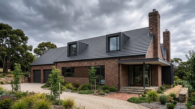 Modern brick house exterior features a dark charcoal gray corrugated metal tile roof with dormer windows and tall chimneys, overcast sky.