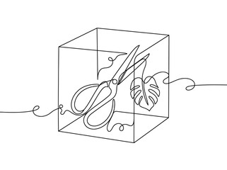 Obraz premium Single line drawing of scissors and a leaf inside a cube illustrating abstract creativity and imagination