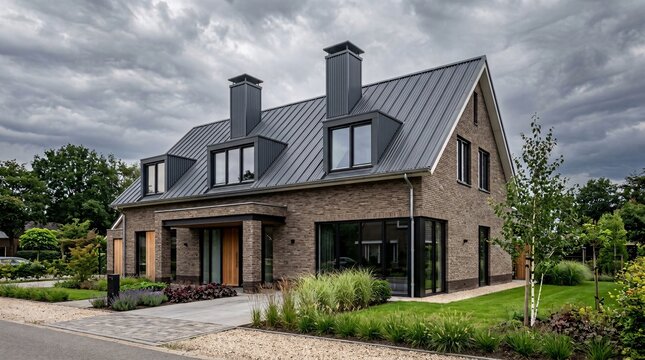 Modern brick house exterior features a dark charcoal gray corrugated metal tile roof with dormer windows and tall chimneys, overcast sky.