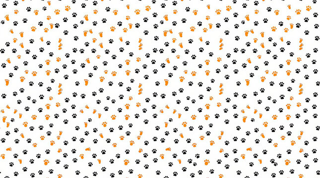 Playful seamless pattern of black and orange paw prints and footprints. Cute pet tracks illustration on white background. Festive Halloween and autumn design for wrapping paper
