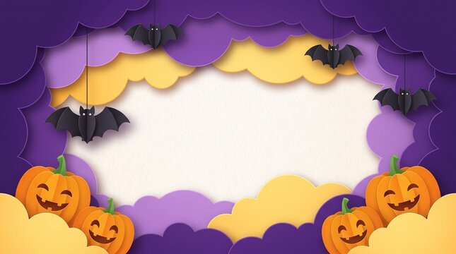 Halloween paper art banner with pumpkins and bats on purple and yellow clouds background