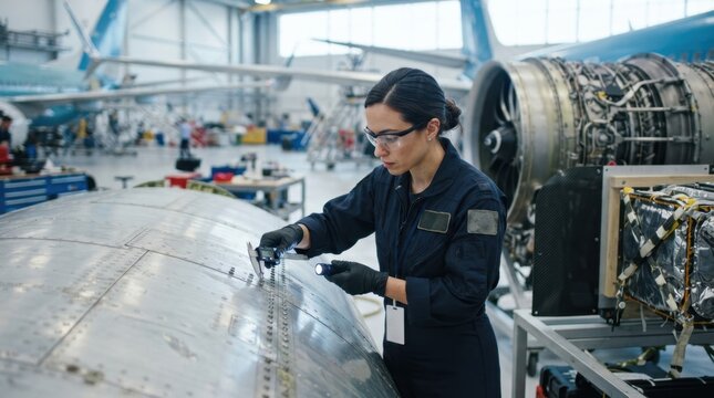 Aerospace engineer inspects an aircraft fuselage and turbine engine in a bright hangar