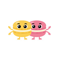Fototapeta premium Cute cartoon characters of yellow and pink macaron desserts standing together with joyful expressions on a white background.