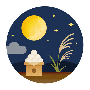 夜空に浮かぶ満月と月見団子にススキを添えた秋の十五夜風景イラスト