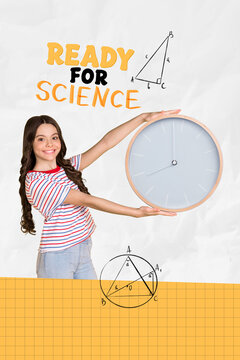 Ready for science: smiling schoolgirl holding a clock with math diagrams, back to school concept and time management for education and learning