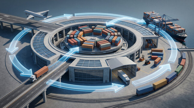 Futuristic circular logistics hub concept with shipping containers, trucks, and glowing directional arrows.