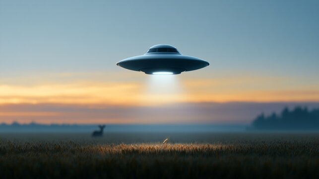 Metallic UFO spacecraft hovering over rural field at sunset - extraterrestrial encounter concept