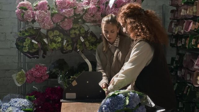 Two young adult Caucasian women working in wholesale flower warehouse, wrapping blue hydrangeas and cutting stems. Footage is perfect for florist business marketing and supply chain promotions