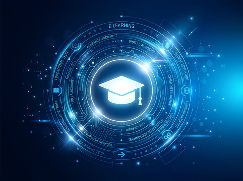 Digital glowing graduation cap icon for education and achievement