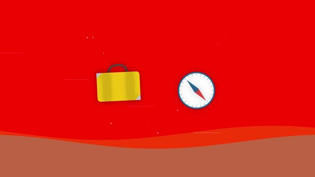 Animated briefcase and compass icons on red background for travel concepts